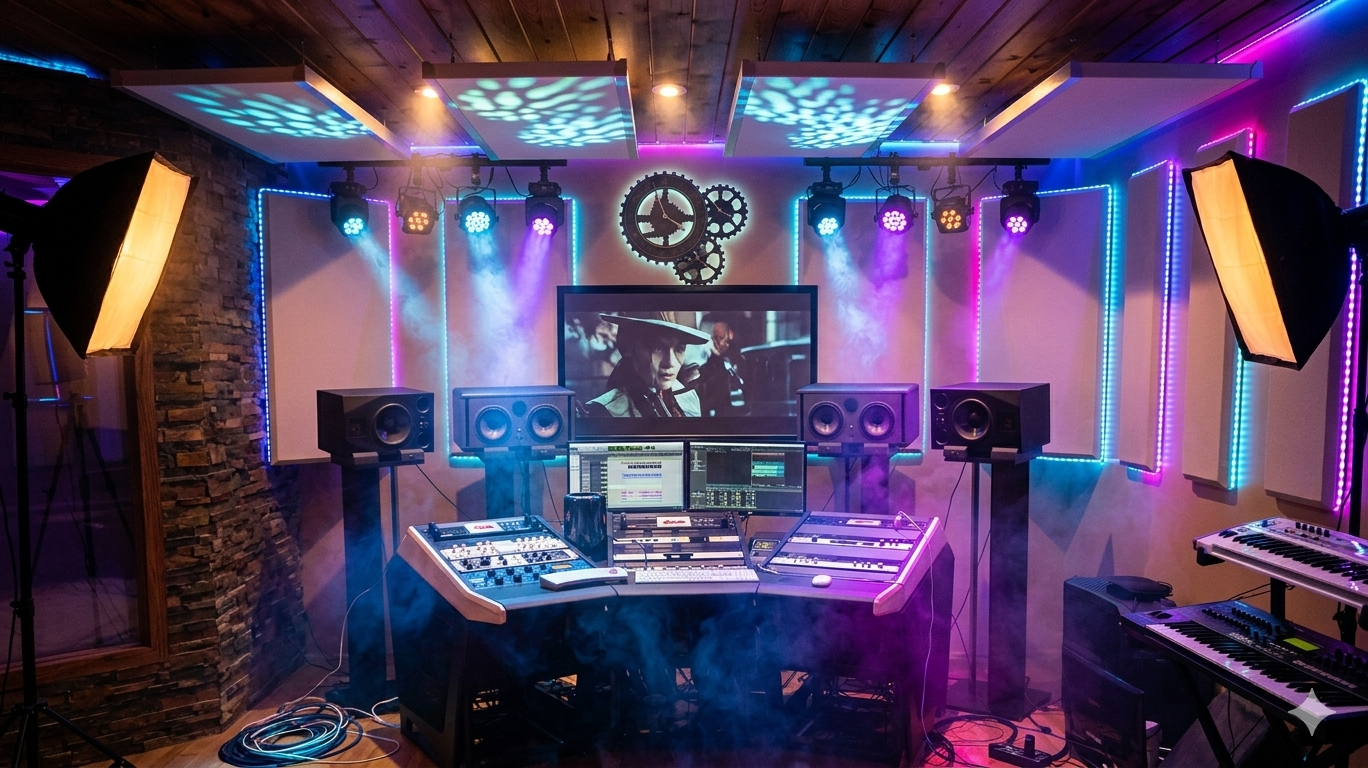 Professional production studio with neon lighting and editing equipment